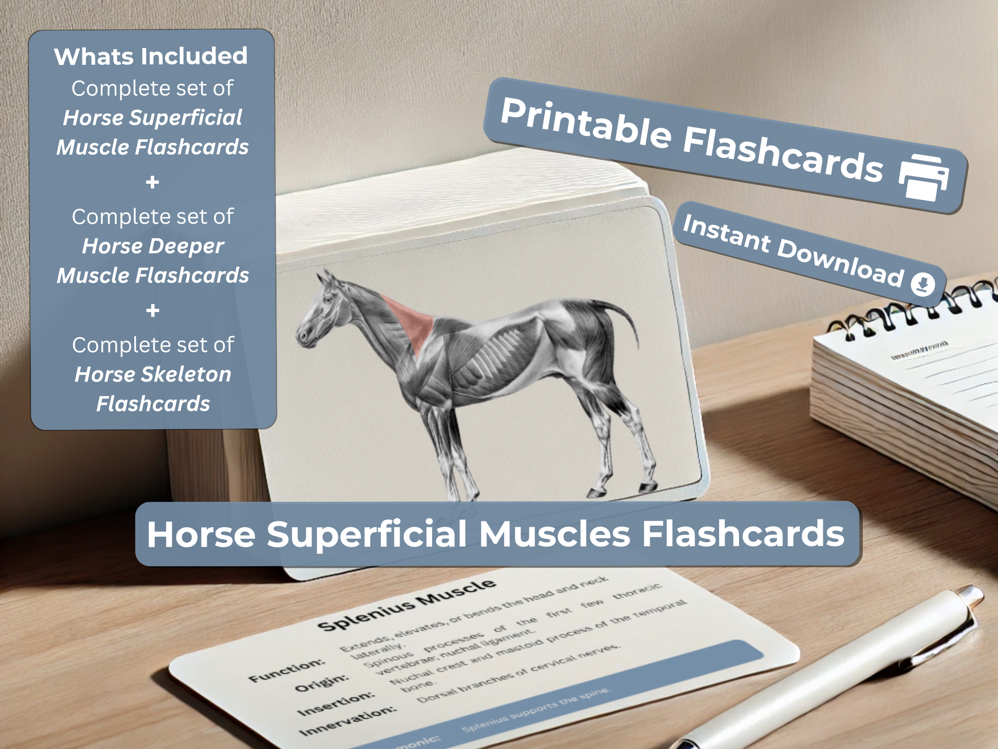 Complete Equine Anatomy Flashcards - Superficial Muscles, Deeper Muscles & Skeleton | Horse Study Guide - Printable 6x4