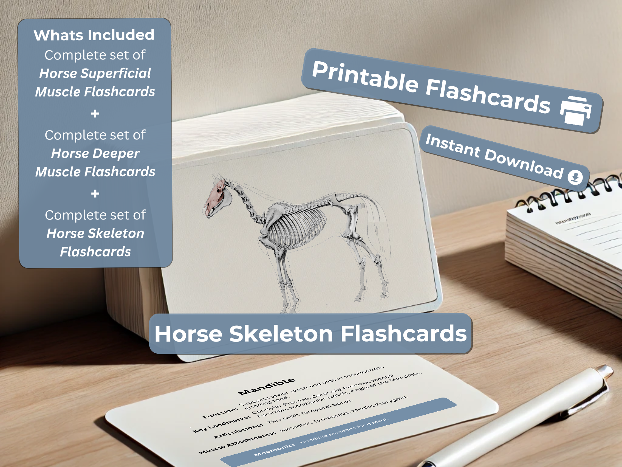 Complete Equine Anatomy Flashcards - Superficial Muscles, Deeper Muscles & Skeleton | Horse Study Guide - Printable 6x4